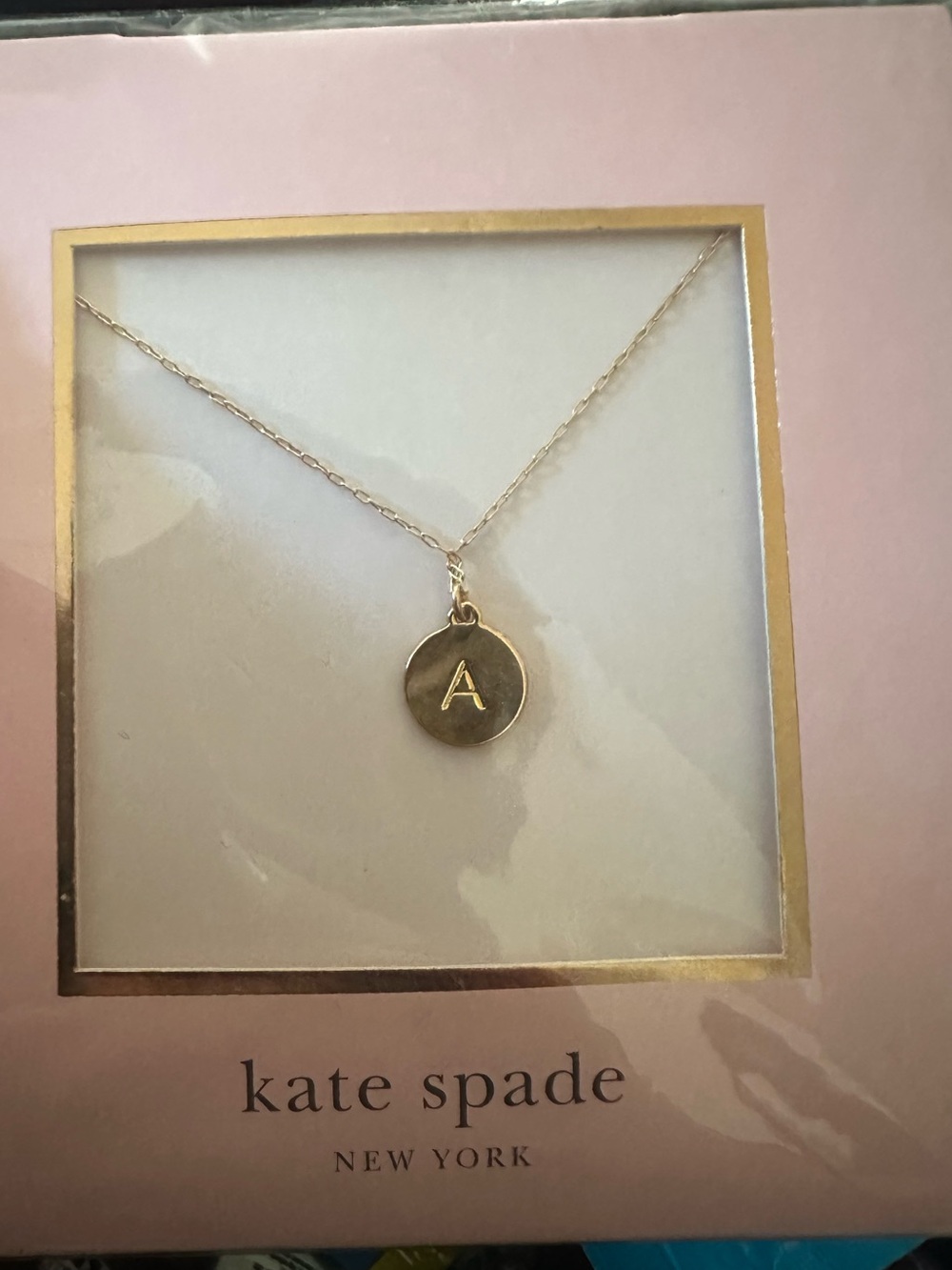 kate spade Gold Initial A Disc Necklace with Pink Box